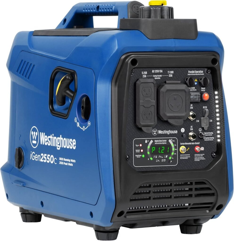 Westinghouse 2550 Peak Watt Super Quiet  Lightweight Portable Inverter Generator, RV Ready 30A Outlet, Gas Powered, CO Sensor, Parallel Capable, Long Run Time,Blue